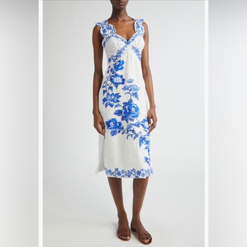 NWT $280 FARM Rio Floral Cascade Linen Dress in OFF-WHITE / BLUE, Size X-Large!